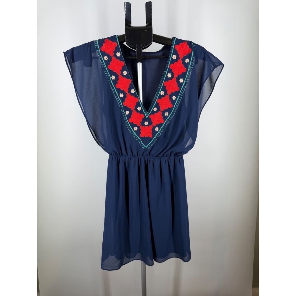 Alya Navy Blue‎ Embroidered V-Neck Mini Dress Small Floral Flutter Sleeve S